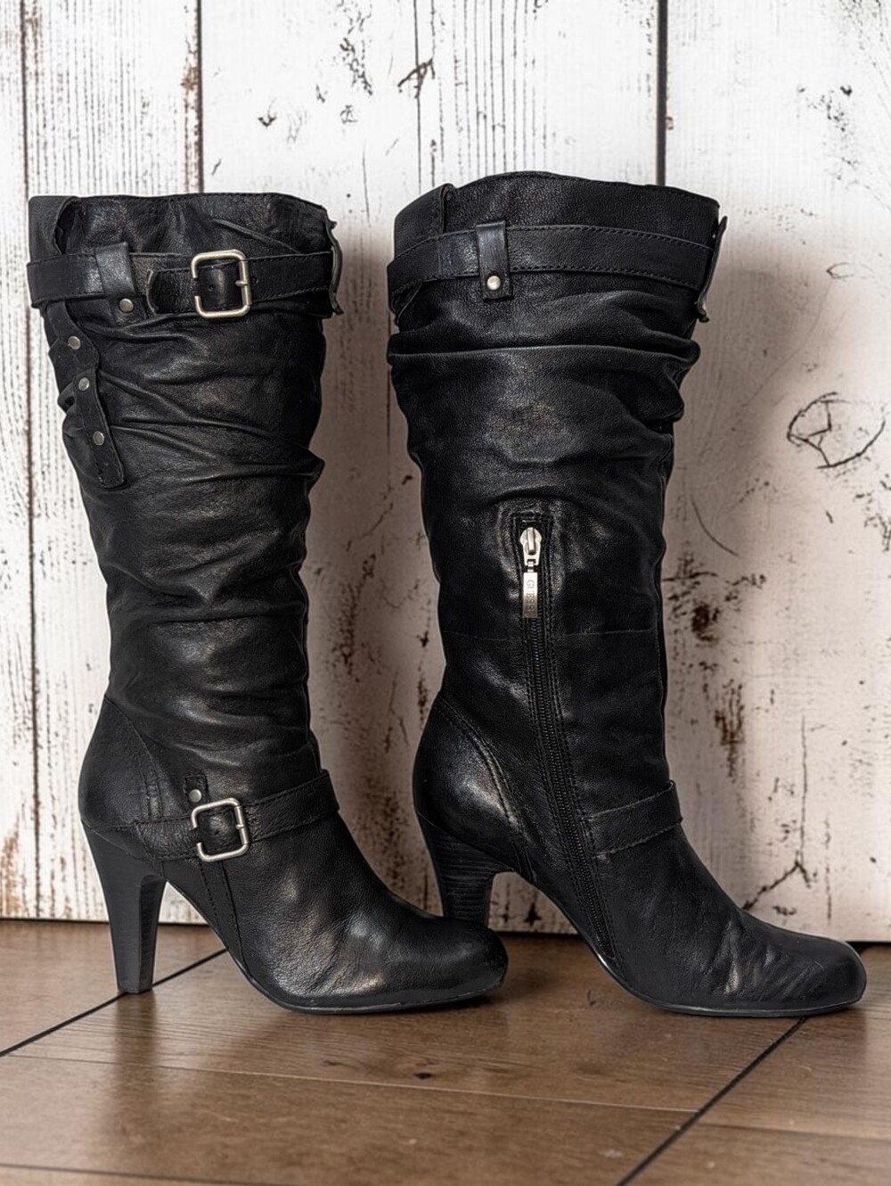 GUESS | Black Leather Slouch Buckle Heeled Moto Boots 8.5M